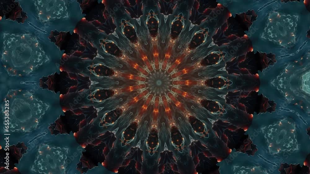 Poster kaleidoscope background. hypnotic movement. looped animation of lines and floral patterns radiating 