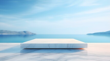 Square Marble Podium in sky blue Colors in front of a blurred Seascape. Luxury Backdrop for Product Presentation