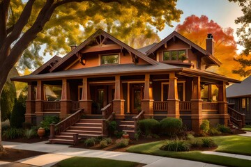 a picturesque American Craftsman bungalow nestled on a tree-lined street during a vibrant sunset - AI Generative