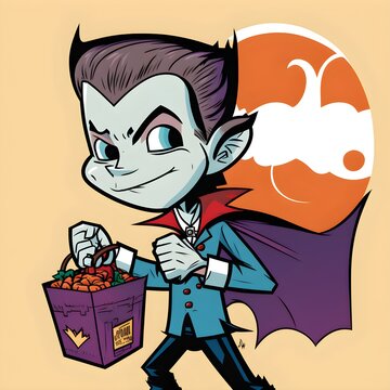 recommend clip art: comic book style line art full color clean lines trickortreat full body male kid vampire holding a bag full of candy happy meeple 
