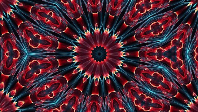 Kaleidoscope background. Hypnotic movement. Looped animation of lines and floral patterns radiating outward and inward. Seamlessly looped pulsating lights and abstract mandala.