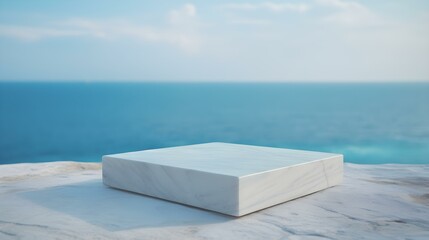 Square Marble Podium in turquoise Colors in front of a blurred Seascape. Luxury Backdrop for Product Presentation