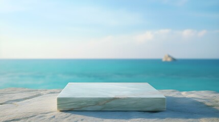 Square Marble Podium in turquoise Colors in front of a blurred Seascape. Luxury Backdrop for Product Presentation
