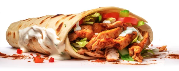 Papier Peint photo Lavable Snack Shawarma sandwich gyro fresh roll chicken beef, grilled meat, mushrooms, cheese. Traditional Middle Eastern meal. wide banner