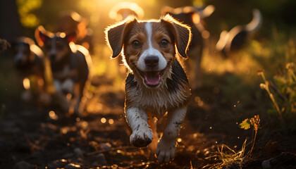 A cute puppy playing in the grass under the summer sun generated by AI