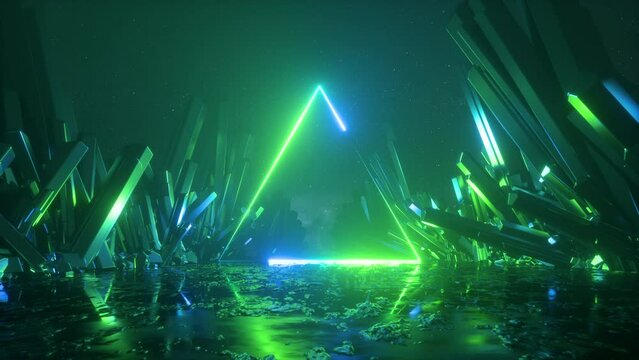 cycled 3d animation. Abstract background with neon triangular frame and emerald green crystals. Glowing lines draw simple geometric shape. Spiritual animated wallpaper