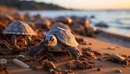 Turtle crawling on the sandy coastline, enjoying the tropical sunset generated by AI