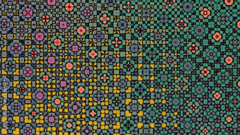 Poster bright kaleidoscopic pattern with geometric shapes. movement. many flashing figures in a bright kale