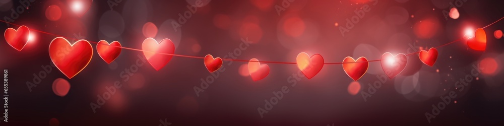 Poster a string of red hearts hanging from a string. imaginary illustration. valentine panoramic banner.
