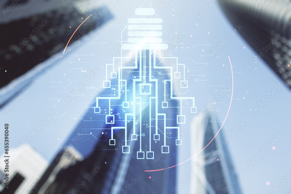 Poster virtual creative light bulb with chip hologram on blurry cityscape background, artificial intelligen