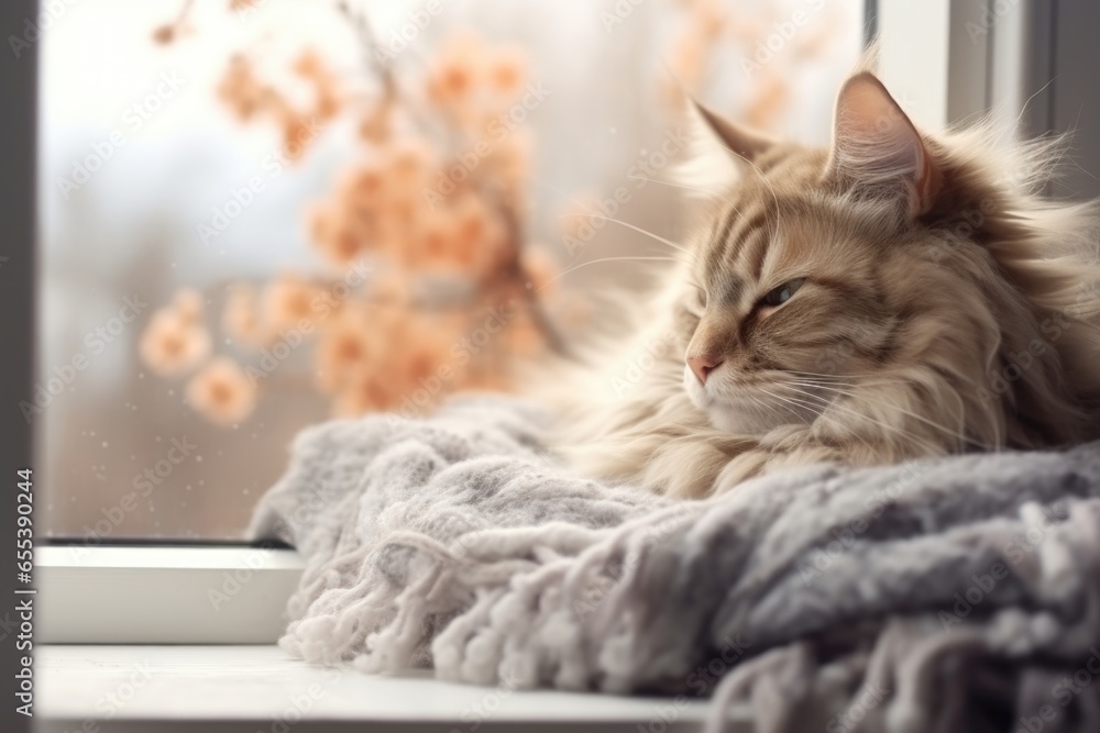 Poster a cat laying on top of a blanket on a window sill. ai image. cosy autumn image.