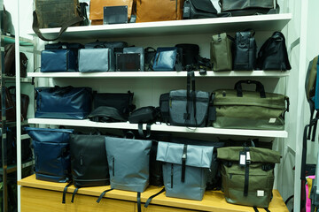 Showcase of a store selling bags for various uses.