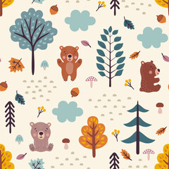 Seamless pattern. Autumn forest with hand drawn bears, trees, leaves, mushrooms and berries. Vector illustration.