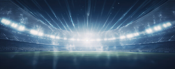 Sport football stadium ar arena in night with green grass, vivid spotlights , - obrazy, fototapety, plakaty