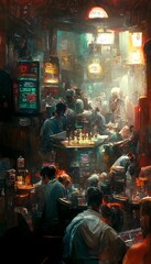 promptfull page painting of a checkers drinking game in a crowded pub sketched in a cyberpunk style pale colours white paper cinematic composition hyper realistic octane render 8K old fine details 
