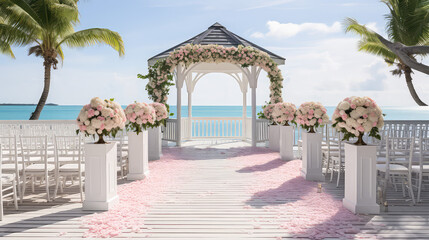 Outdoor Wedding ceremony, beautiful view of nature by the sea or ocean, nobody. Beautiful empty wedding arch with flowers and chairs for guests.