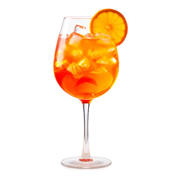 A vibrant Aperol Spritz cocktail garnished with orange slice and ice cubes