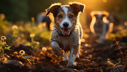 A cute puppy playing in the grass under the summer sun generated by AI