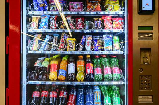 Vending Machine. Self-service machine for drinks and snacks. Cold beverage and snack vending machine in public place. 