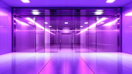 empty room with vibrant purple lighting in a modern and original office design, transparent bay window, contemporary and minimalist hall with reflexion 
