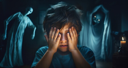 Little boy in a dimly lit room covering his face in terror, surrounded by ghosts and skeletons draped in shrouds - obrazy, fototapety, plakaty