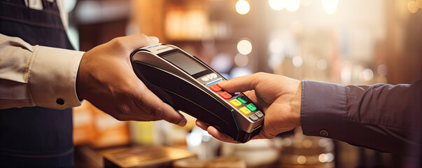 Customer using credit card and pay terminal for payment. panorama photo - obrazy, fototapety, plakaty