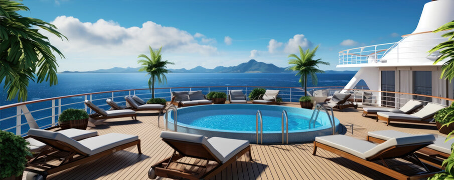 Luxury pool deck at modern cruise ship at summer vacation.