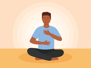 Breathing exercise flat vector illustration. Man sitting in a meditation pose practicing breath work. Deep breathing and diaphragmatic breathing practice. 