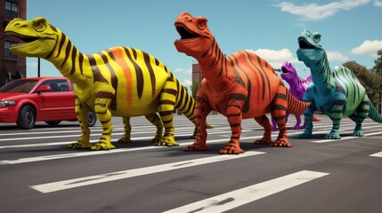 A group of fake dinosaurs standing on the side of a road. Imaginary illustration.