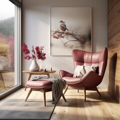 Modern living room with burgundy armchair. Scandinavian interior design furniture. Natural daylight from a window. Promotion background.