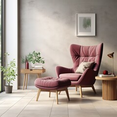 Modern living room with burgundy armchair. Scandinavian interior design furniture. 3d render illustration