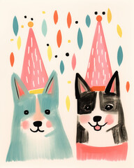 A vector of a birthday card of dogs with a party head on, balloons and confetti.