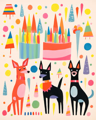 A vector of a birthday card of dogs with a party head on, balloons and confetti.