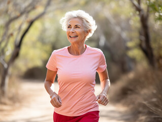 Elderly/senior woman in sportswear jogging outdoors, active and energetic
