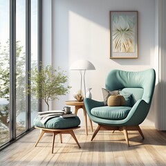 Modern living room with Teal armchair. Scandinavian interior design furniture.