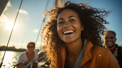 A woman on a sailboat laughing at the sunset with curly hair.