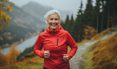 Elderly/senior woman in sportswear jogging outdoors, active and energetic - obrazy, fototapety, plakaty