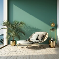 Modern minimalistic interior of the balcony, green, white and golden colors. Super photo realistic background