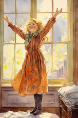 A little girl against the background of the window rejoices at the coming sunny morning. Concept of happy childhood and good mood