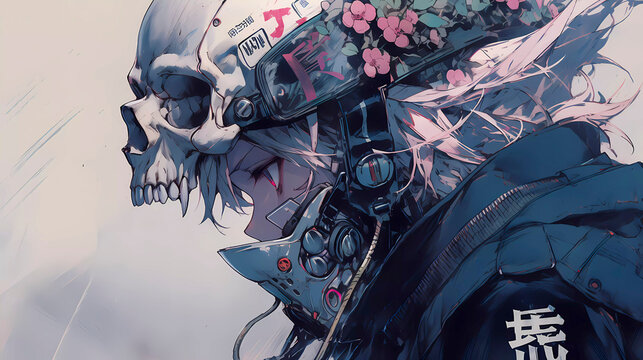 Anime Meets the Macabre: A Skull-Adorned Character, Generative AI