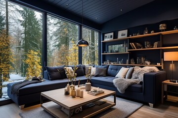 interior design nordic home style navy blue theme - obrazy, fototapety, plakaty