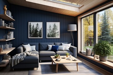 interior design nordic style navy blue home style - obrazy, fototapety, plakaty