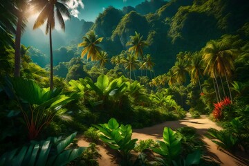 An enchanting display of nature on a tropical island on a beautiful day - AI Generative - obrazy, fototapety, plakaty