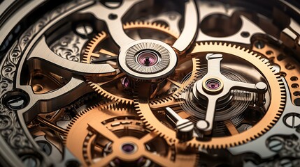 close up view of an operating gearbox of a luxerious mechanical watch, with high detail gears, macro, hazelblade f 1.0