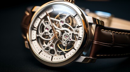 close up of a luxerious mechanical watch with white leather strip