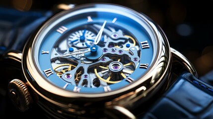 close up of a luxerious mechanical watch with a blue leather strip