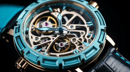 close up of a luxerious mechanical watch with a light blue metalic strip