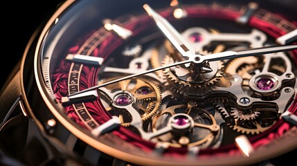 close up of a luxerious mechanical watch with a red metalic strip - obrazy, fototapety, plakaty