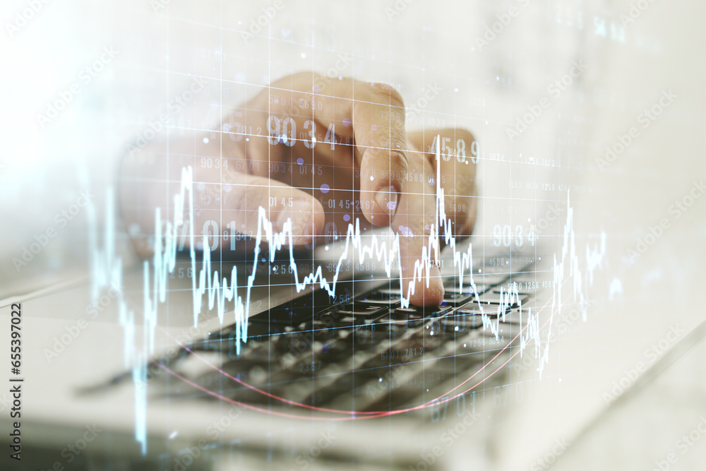 Poster double exposure of abstract creative financial chart with hand typing on computer keyboard on backgr