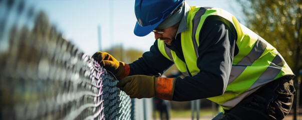 Worker fastening or repair metal mesh fence with hands.